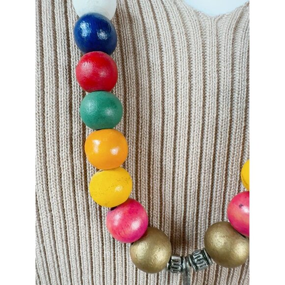 Colorful Wooden Bead Necklace With Brass Accents & Arrow Pendant On Leather Cord - Picture 14 of 16